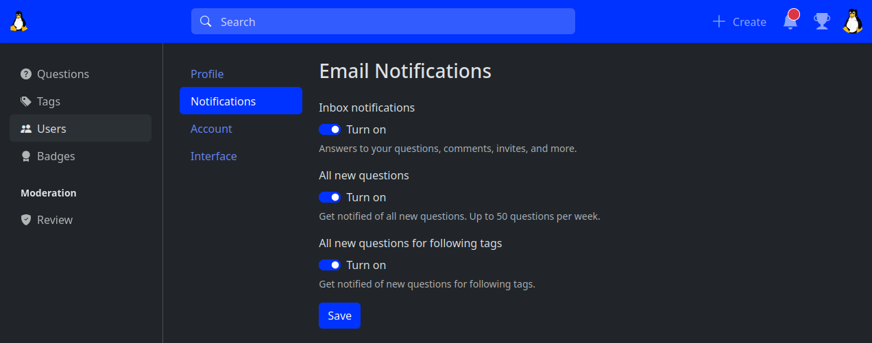 Email notifications configuration