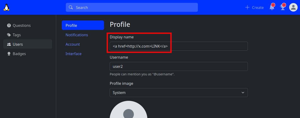 HTML content in the display name