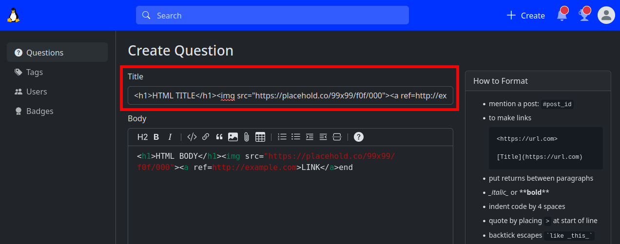 Create question with HTML content in the title
