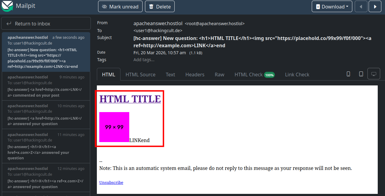 HTML content in the received email