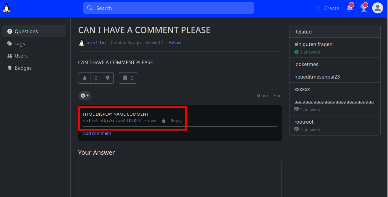 Comment as a user with HTML content in the display name