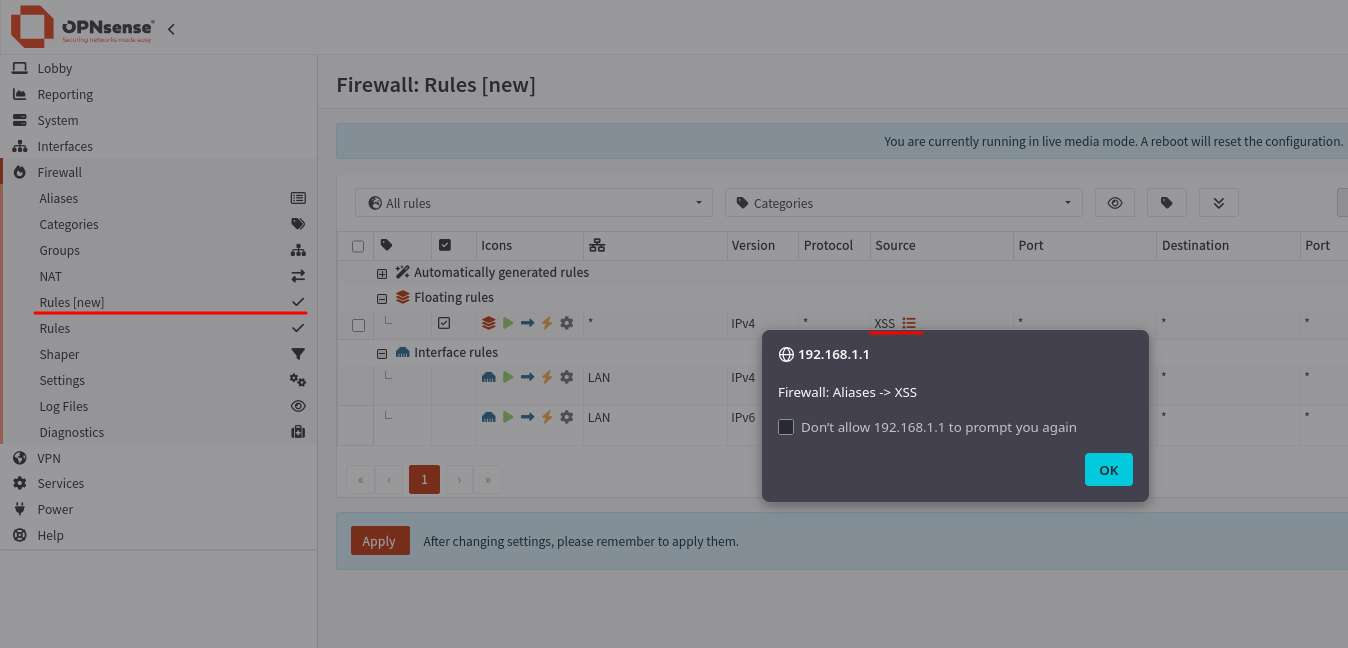 Alias description XSS payload firing on the Firewall Rules page