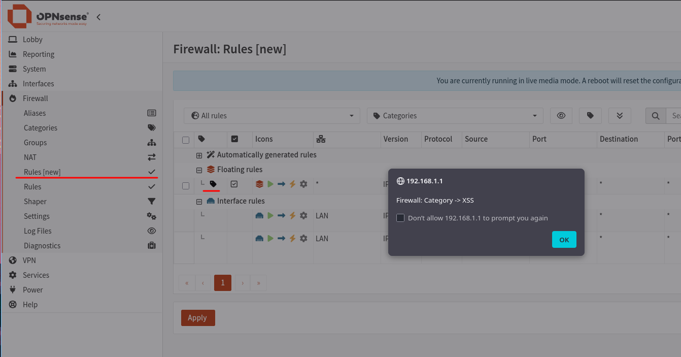 Category name XSS payload firing on the Firewall Rules page