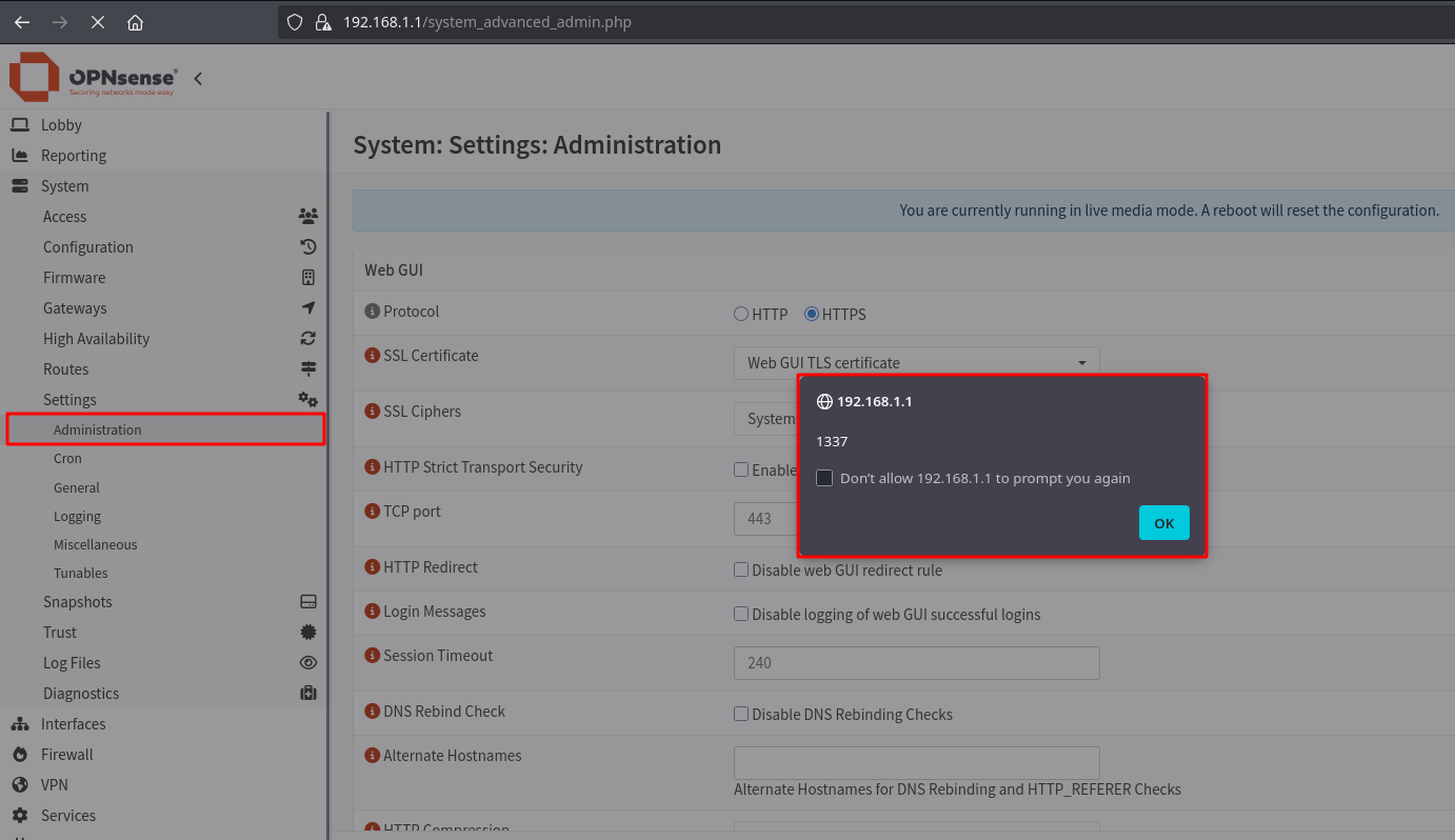 Stored XSS payload firing on the Administration settings page