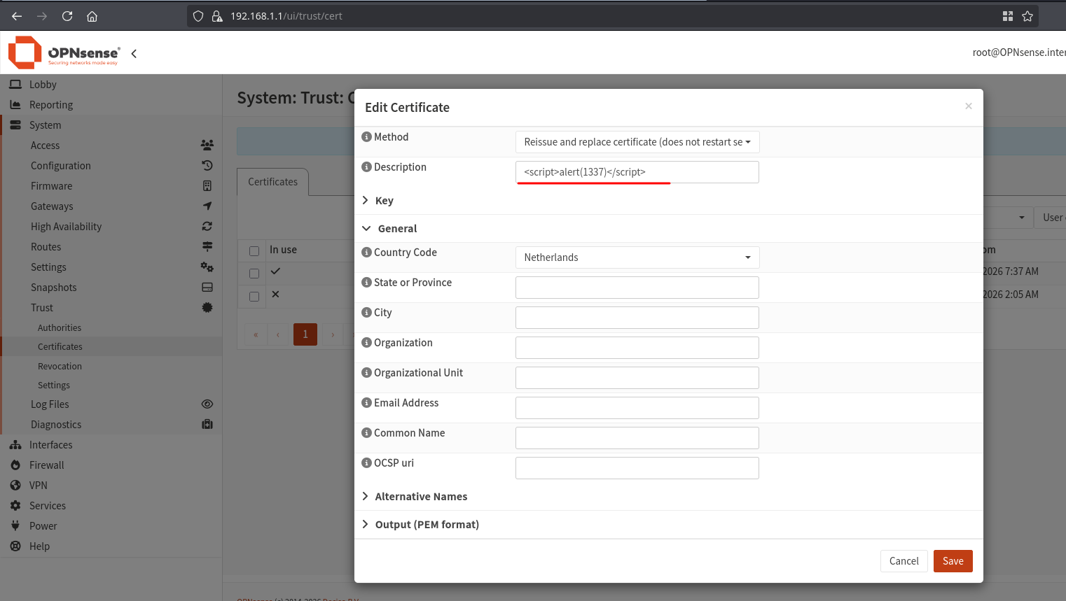 Certificate description field storing the script payload